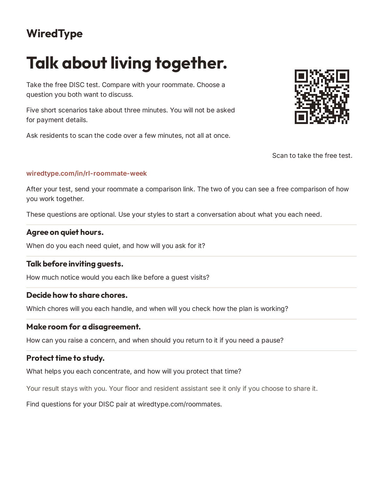 The roommate meeting printable, with a QR code and five questions about living together.