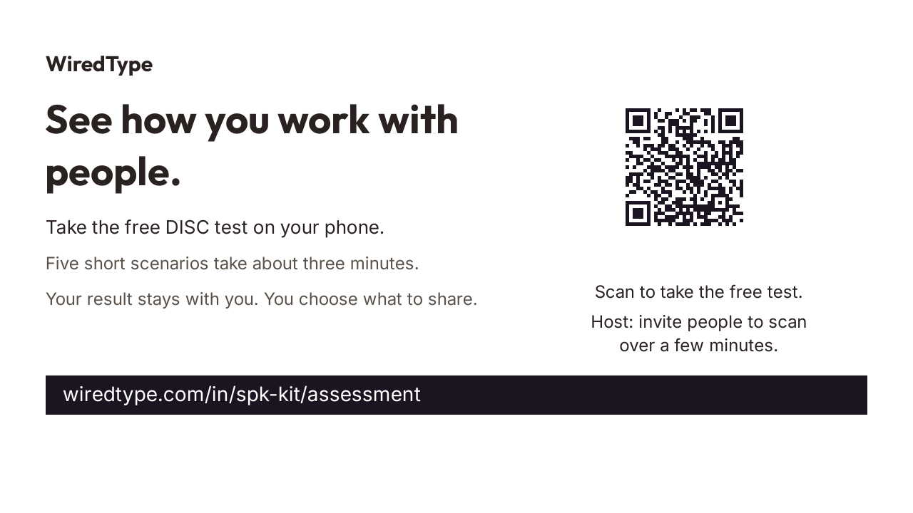 The audience slide invites people to take the free DISC test, with a QR code and the address wiredtype.com/in/spk-kit/assessment.