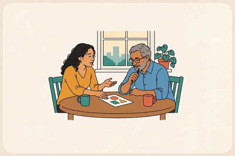 An employee slides one printed page across a small table to a manager, who reads it with interest, pen in hand.