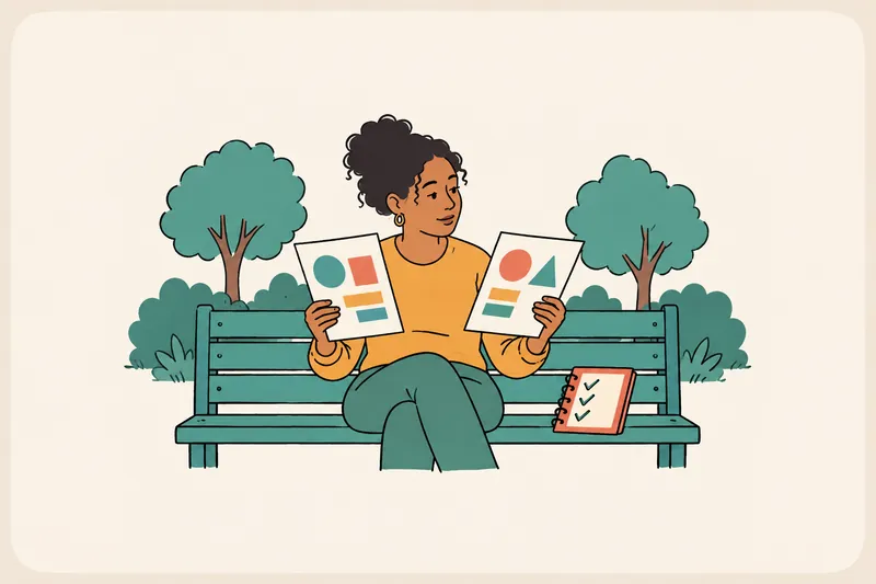 A woman on a park bench compares two printed job ads, one in each hand, with a notebook of checkmarks beside her.