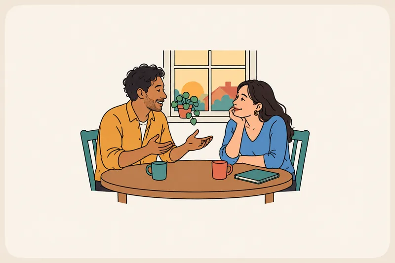 Two people on a first date at a cafe table; one tells a story with open hands while the other listens with a warm, curious smile.