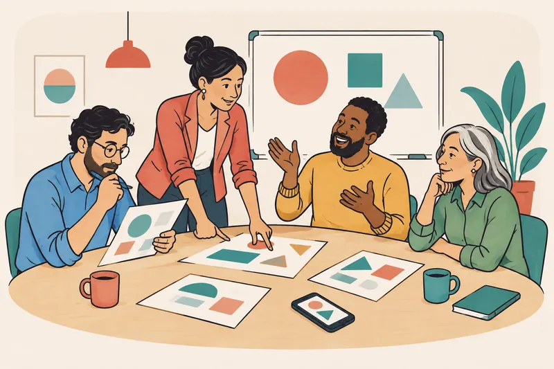 Four colleagues in a meeting, each in their own style: one points decisively at a sheet, one laughs and gestures, one listens with a calm nod, and one studies a printout.