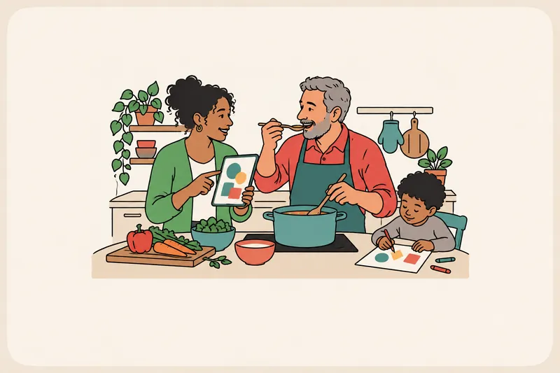 A couple cooks dinner together; one tastes from the pot while the other points to the next step of the recipe, and a child draws at the counter.
