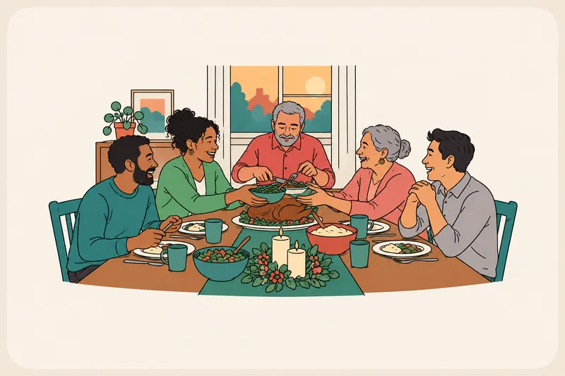 A family shares a holiday dinner: an older man carves the roast, a woman passes a dish to an older woman, and others laugh around the table.