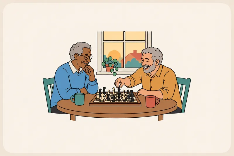 Two old friends play chess at a small cafe table; one laughs as he moves a piece and the other studies the board with a pleased smile.