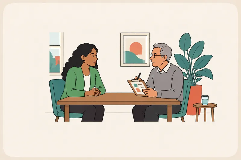 In a job interview, a candidate answers calmly with her hands folded while the interviewer listens and makes a note on a clipboard.