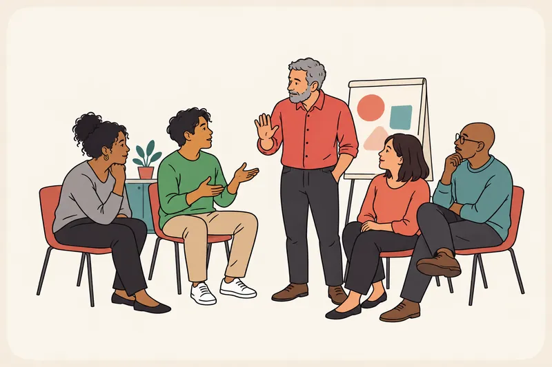 A team leader pauses the group with a raised hand so a younger team member can speak, while the others listen.