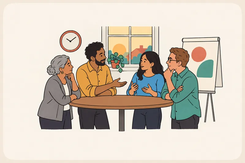 Four colleagues stand around a tall table by a window; the leader gestures toward a quiet colleague who has just started to speak.