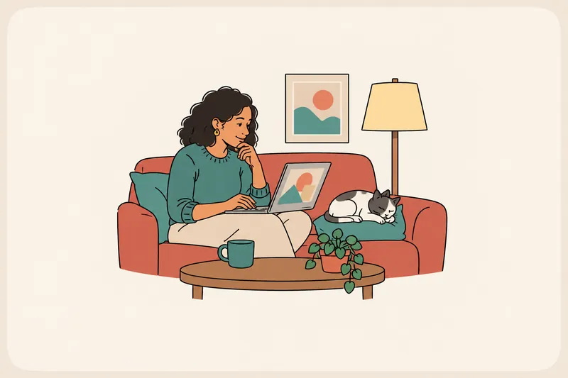 A woman on a sofa at home rereads a message on her laptop with a thoughtful smile, a cat asleep on the cushion beside her.