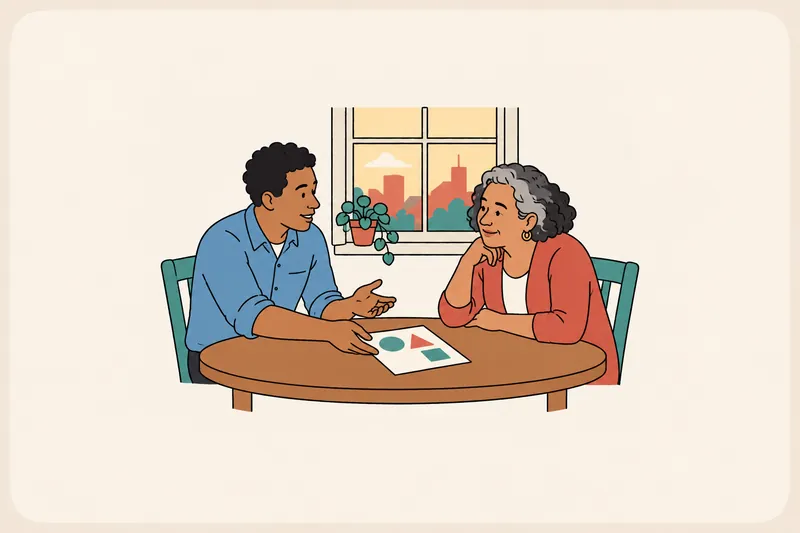 Two people negotiate at a small table by a window; one slides a single page across while the other leans in with a thoughtful smile.