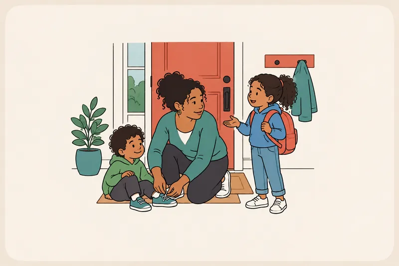 A parent kneels at the front door to help a young child with shoes while an older child with a backpack asks a question.