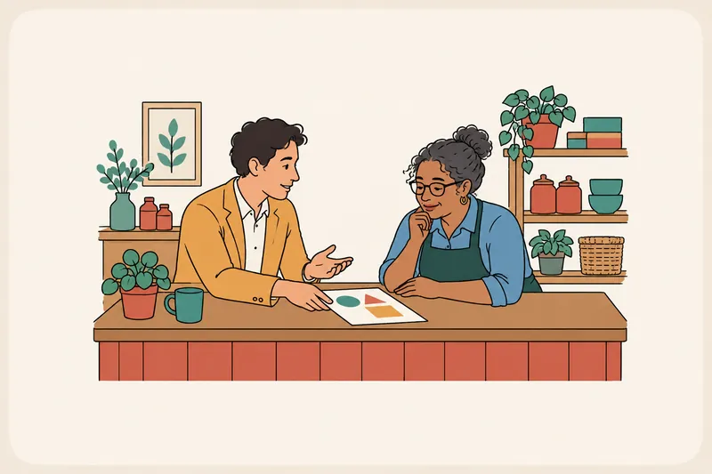 A salesperson pauses the pitch and slides one simple page across a shop counter to the owner, who leans in to read it.