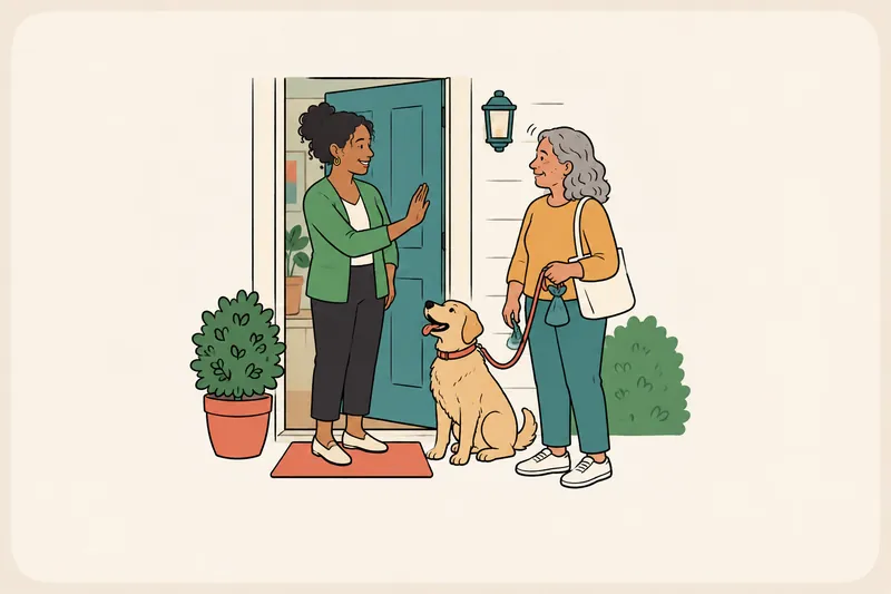 At her front door, a woman smiles at a neighbor holding a dog's leash and raises one hand gently to decline, and the neighbor nods.