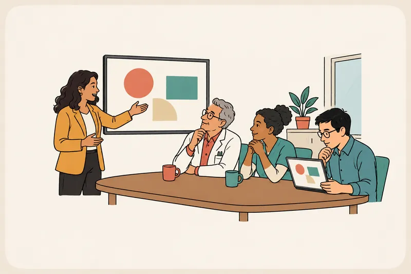 A seller presents at a wall screen to three people at a table: a doctor, a nurse and an IT specialist reading closely on a laptop.