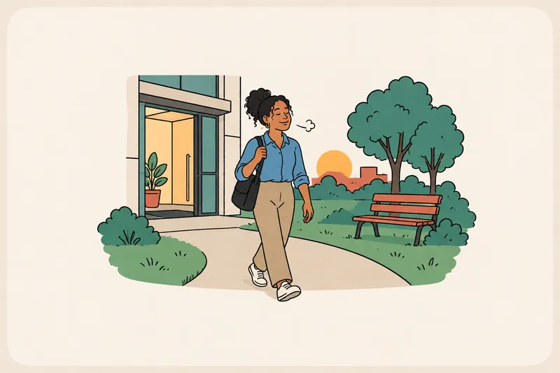 At the end of the workday, a woman walks out of an office building into a small park and breathes out, her shoulders loose.