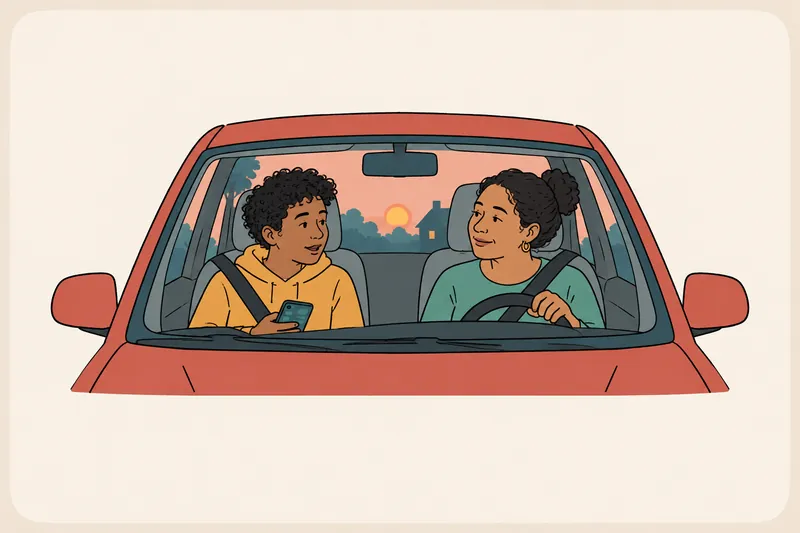 A parent and a teenager sit side by side in a car at dusk; the teenager, holding a phone, turns toward the parent, who listens calmly.
