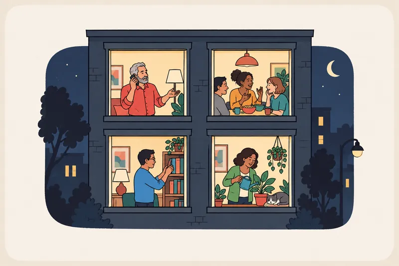 An apartment building at night with four lit windows, one home in each: a person making decisions on a phone call, friends laughing around a table, someone sorting books, and someone watering plants beside a sleeping cat.