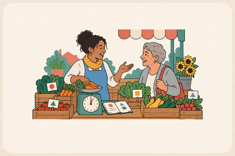 A woman at her market stall laughs with a customer while carefully weighing vegetables and checking her notebook, showing two styles at once.