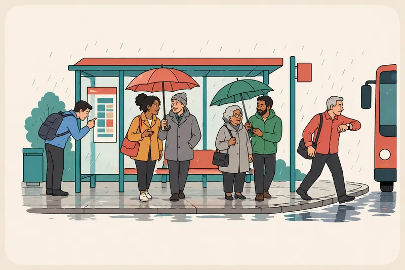 Four people wait at a rainy bus stop, each in their own way: one checks the time and steps out to look for the bus, one chats with a stranger under an umbrella, one shelters an older neighbor, and one studies the timetable.