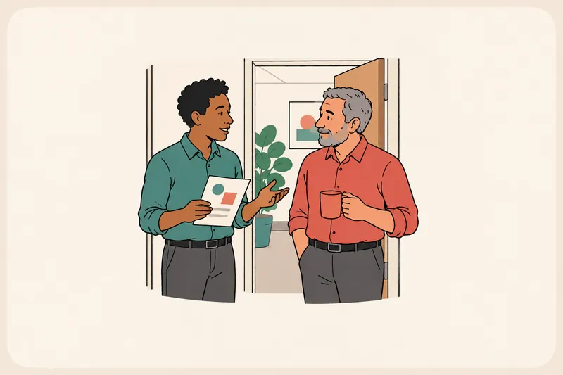In an office doorway, an employee holding one page gives a short update to a manager who has paused with a coffee to listen.
