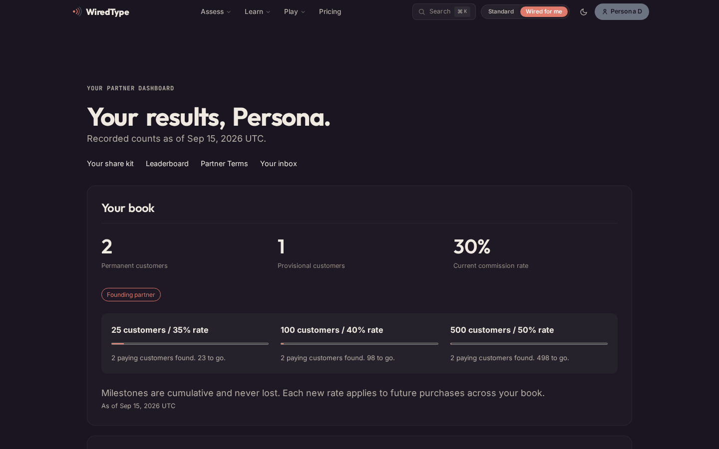 Example D partner dashboard showing customer counts, commission rate and dated earnings